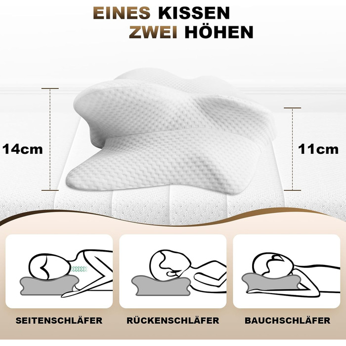 Подушка для шиї, ергономічна подушка для підтримки шиї, сертифікована OEKO-TEX для алергіків, ортопедична подушка для сну з піни з ефектом пам&39яті для сну на боці та на спині (змінна наволочка), біла, подушка () наволочка ()