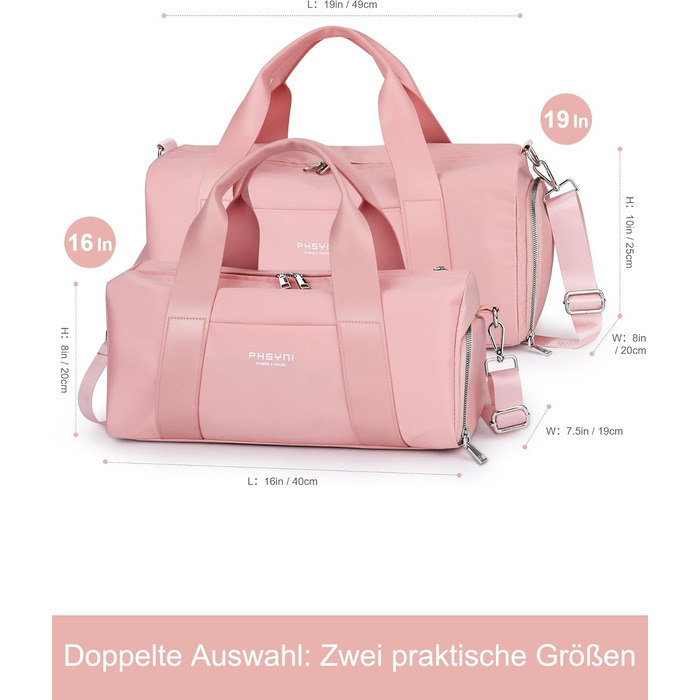 Спортивна сумка 16 дюймів для жінок та дітей, з відділенням для взуття та роздільником для вологих/сухих речей, рожева, малий розмір 16 дюймів