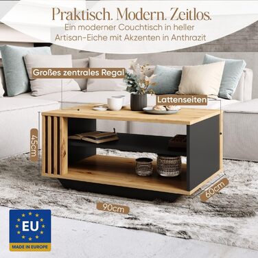 Журнальний столик Viosimc, стіл для вітальні з сучасними ламелями, сучасний та стильний прямокутний журнальний столик з полицею, стильне доповнення до будь-якої вітальні дуб Artisan та антрацит Artisan Anthracite