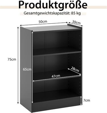 Книжкова полиця COSTWAY, окремостояча полиця з 3 відділеннями, полиця з регульованими полицями, для вітальні, спальні, кабінету, 30 x 50 x 75 см, чорна