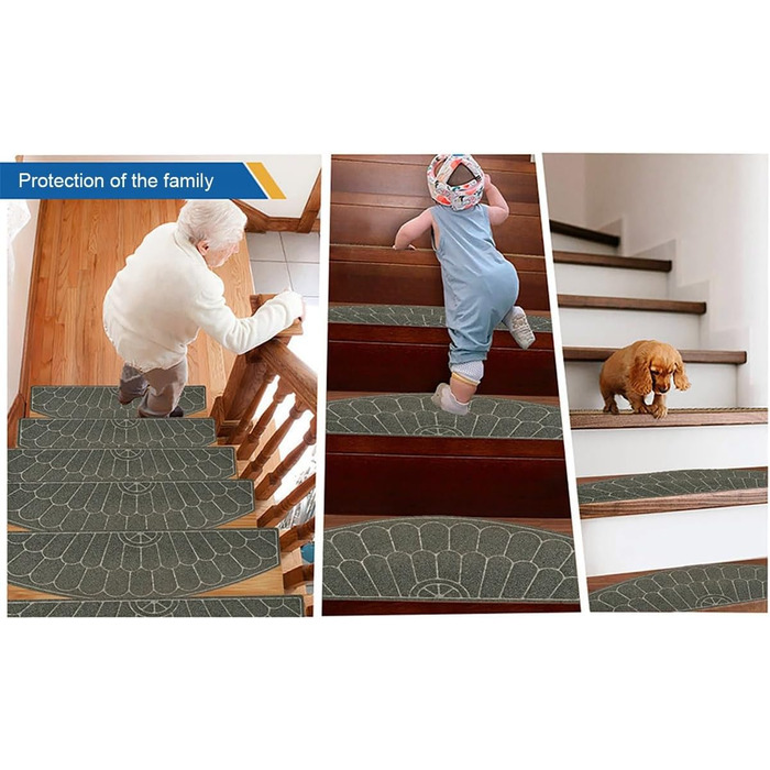 Килимових покриттів для сходів, нековзні, без клею, виготовлені з TPR, із самопоглинаючою основою, накладки на сходинки з напівкруглим візерунком, легко очищаються для гвинтових сходів, безпечні, із загнутими краями, сірі, 5