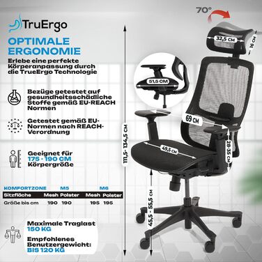 Ергономічне офісне крісло M5, переможець тесту, регульована по висоті спинка та регульована глибина сидіння, пінний матеріал для сидіння, письмове крісло для здорової спини, навіть для високих людей, крісло керівника з м&39яким сидінням M5 (чорне)