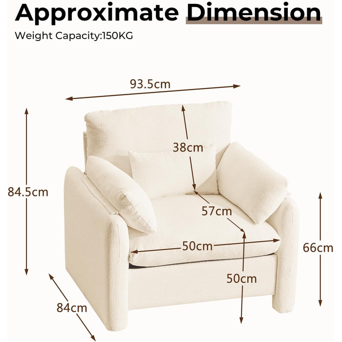Надзвичайно велике крісло з відкидною спинкою для вітальні, м&39яке крісло для телевізора 93,5 см, одномісний диван зі знімним підлокітником та декоративною подушкою, одномісний диван/крісло для читання для вітальні/спальні, бежевий одномісний диван