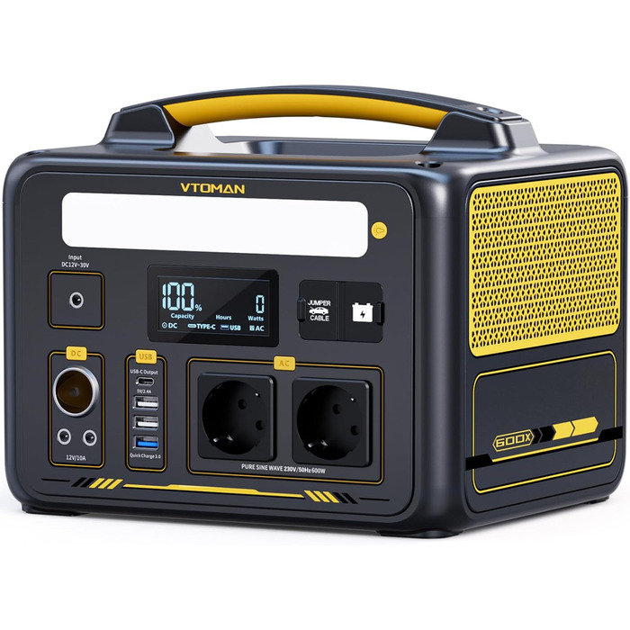 Портативна електростанція VTOMAN Jump 600X 600 Вт - сонячний генератор 299 Втгод на акумуляторах LiFePO4 з двома акумуляторами по 600 Вт (пікова потужність 1200 Вт), можливістю розширення для кемпінгу, автофургонів, екстреного використання DE-Jump600X-1
