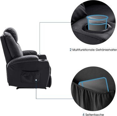 Електричне масажне крісло-реклайнер Крісло для телевізора з функцією відкидання, вібрацією та підігрівом 7061 Нова модель (чорна штучна шкіра)