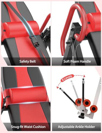 Регульований/складаний інверсійний стіл YOLEO з потрійним блокуванням безпеки, гравітаційний тренажер з ременем безпеки для терапії та полегшення болю в спині/шиї, червоний