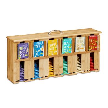 Диспенсер для чайних пакетиків Relaxdays, 6 відділень, місце для зберігання чайних пакетиків, бамбук, чайна коробка, ВxШxГ 22 x 46,5 x 10,5 см, натуральний/сріблястий