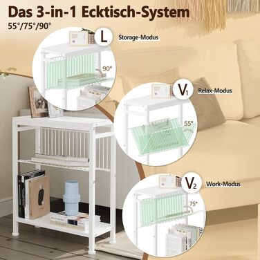 Вузький журнальний столик, маленький журнальний столик з 3 полицями, стійка для журналів, журнальний столик для вузьких приміщень, дротяна сітка, маленька тумбочка для ліжка, для вітальні, спальні, білий