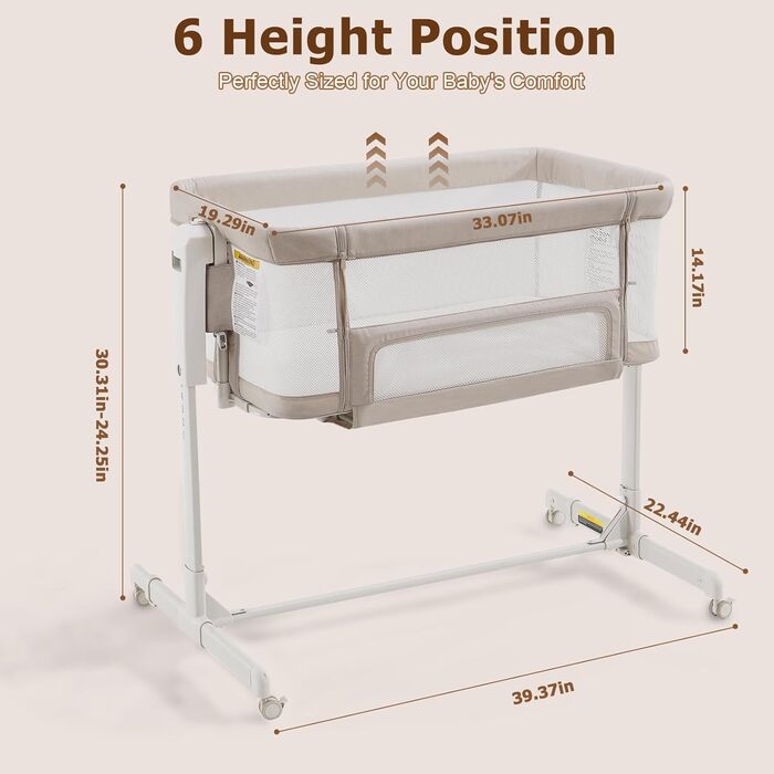 Дитяча колиска 3-в-1 &quotПоруч зі мною&quot для новонароджених, ліжко-гойдалка з бічним ліжком, дихаючою сіткою та безшумними поворотними колесами на 360 з фіксатором, регульована на 6 рівнів висоти, вівсянка