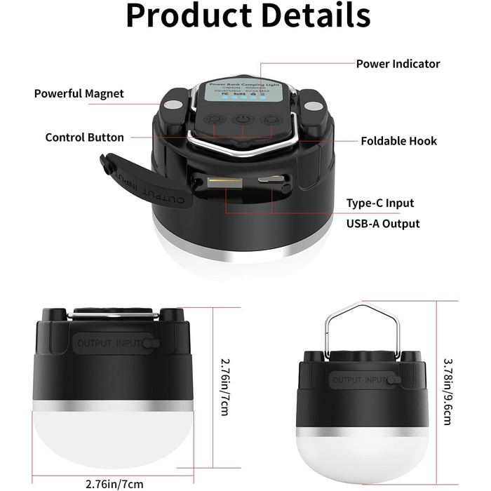 Акумуляторний світлодіодний ліхтар для кемпінгу - портативний кемпінговий ліхтар IP65, ультраводонепроникний, пилонепроникний, ліхтар для намету з 3 лампами, безступінчасті режими SOS, ліхтарі для намету для кемпінгу, походів та надзвичайних ситуацій, чор