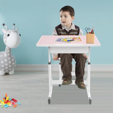Дитячий письмовий набір, дитячий стіл з регульованою висотою (стіл 64-76 см, стілець 36-42 см), стіл з гачками, шухлядою та лотком для ручок для дітей віком 3-18 років, навчання письму та малюванню (рожевий, білий)