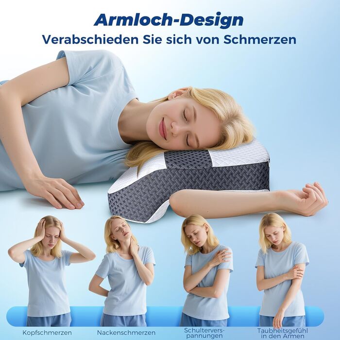 Подушка SAHEYER для сну на боці з проймою, ергономічна ортопедична подушка 2-в-1 для шиї та плечей, подушка з піни з ефектом пам&39яті з 3 проймами для сну на боці, спині та животі, чорно-білий колір