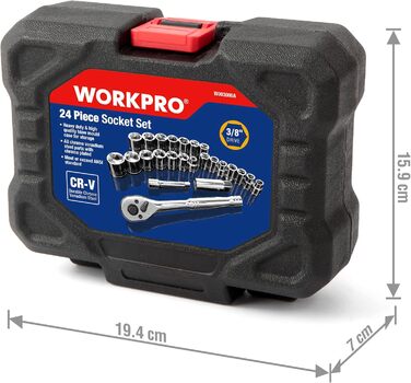 Набір гайкових ключів WORKPRO 3/8 з тріскачкою та насадками (метричні та дюймові) у кейсі, 24 предмети