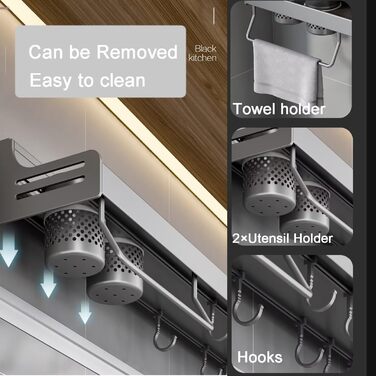 Настінна полиця для спецій, органайзер для спецій без свердління, підвісні полиці для спецій, клейкий тримач для спецій, металева настінна полиця для кухонних дверцят шаф, кухонна, полиця для спецій, 80 см, чорна.