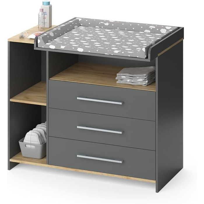 Пеленальний столик Vicco Oskar, антрацит/золотистий дуб, 113 x 93 см з 3 шухлядами