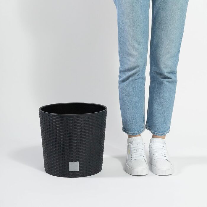Квітковий горщик HappyFlower MultiProject із вставкою, круглий, під ротанг, 4 розміри, 4 кольори, кашпо (300, чорний) 300 антрацит