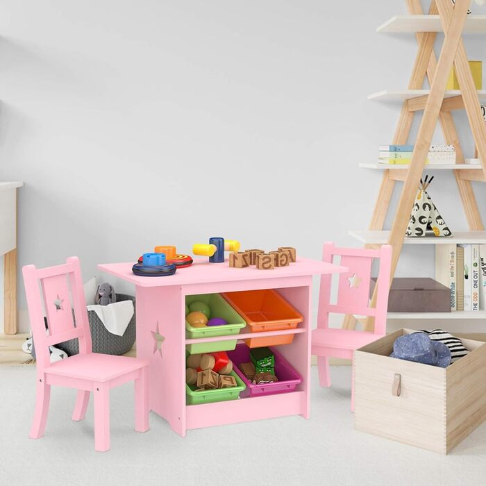 Дитячий стіл та стільці - Дитячі столи з масиву дерева рожевого кольору - Стіл з 4 коробками для зберігання, Дитячий стіл у формі зірки з 2 стільцями - Екологічно чистий