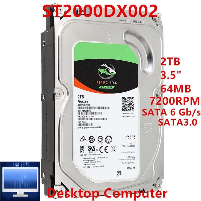 На 2 ТБ 3,5-дюймовий SATA 6 Гбіт/с 64 МБ8 ГБ 7200 об/хв Для внутрішнього SSHD Для настільного SSHD Для ST2000DX002