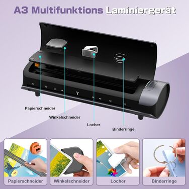 Ламінатор Orthland A3, ламінатор з 30 ламінуючими пакетами для документів A3, A4, A5, A6, ламінатор 9-в-1 з різаком для паперу та закруглювачем кутів, гарячий та холодний ламінатор для офісу, школи та дому, документи, фотографії, сірий