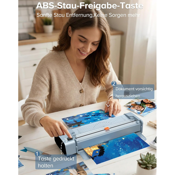 Дюймовий ламінатор A3/A4 з 20 пакетами для ламінування, гарячий та холодний ламінатор, ABS-пластик із захистом від застрягання, 10-в-1 ламінатор з різаком, тримером та закруглювачем кутів для офісу, школи та дому (синій), 13-