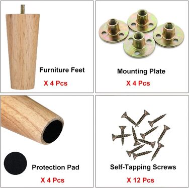 Дерев&39яні ніжки для меблів, 4 шт., конічні ніжки для меблів, змінні ніжки для дивана 12 см, дерев&39яні ніжки для меблів, ніжки для шаф, ніжки для шафи з монтажною пластиною, гумові накладки для столу, дивана, ліжка, шафи, кушетки, 4 шт./12 см