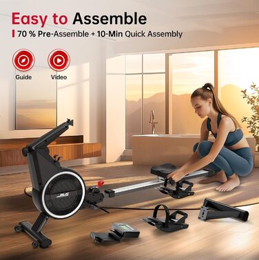 Домашній гребний тренажер, гребний тренажер з пневматичним та магнітним опором з 10 рівнями опору, велотренажер для користувачів до 158 кг, тиха подвійна рейка, світлодіодний монітор Bluetooth з тримачем для планшета, чорний BW7