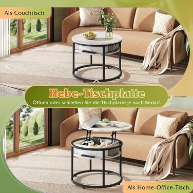 Круглий журнальний столик WLIVE з підйомною стільницею, стіл для вітальні з регульованою висотою та місцем для зберігання, 60 x 60 x 50 см, журнальний столик для вітальні, балкону та офісу (дуб, діаметр 60) Дуб, діаметр 60