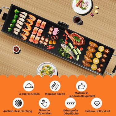 Гриль COSTWAY Teppanyaki 90x23см, електрична сковорода 1800 Вт, електричний гриль з антипригарним покриттям, 6 дерев'яних лопаток і кільце для яєць, що не прилипає, стіл гриль регулюється температурою