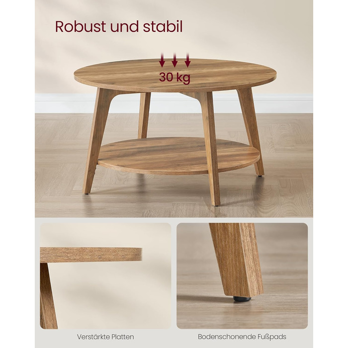 Круглий журнальний столик VASAGLE, 2-ярусний стіл для вітальні, діаметр 80 см, висота 45 см, легке складання, медово-коричневий LCT243K41