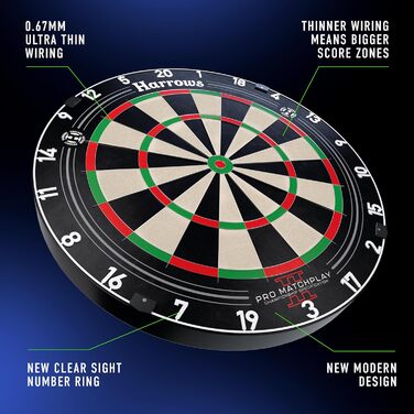 Мішень для дартсу Harrows Dart Board Pro Matchplay 2 I, офіційний розмір, мішень з надтонким дротом для максимального набору очок, сумісний зі стійкою для дартсу, підсвічування мішені