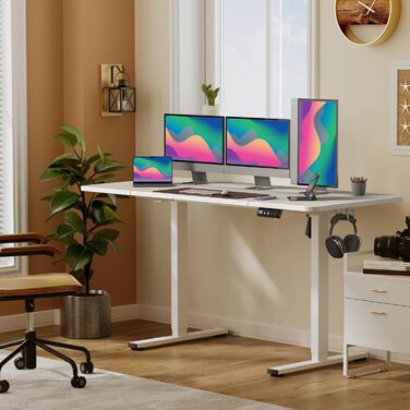 Електричне регулювання висоти столу 160x60 см, регулювання висоти столу з функцією пам&39яті та технологією запобігання зіткненням, колеса, зрощувальна дошка, біла рама/біла стільниця 160 x 60 см, білийбілий