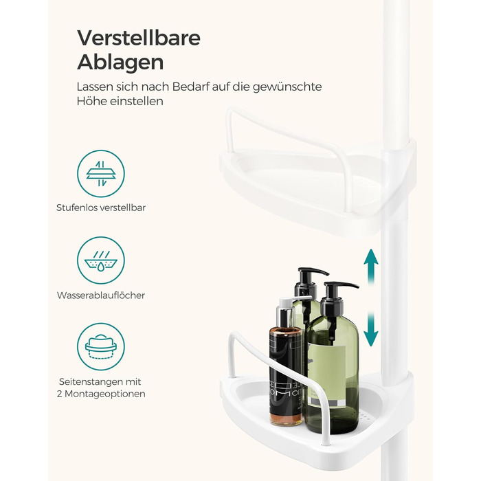 Полиця для душу, кутова полиця для ванної, з 4 полицями, полиця для ванної, загальна висота 85-305 см, регульована по висоті, поли