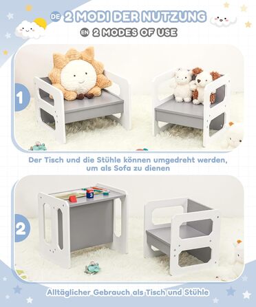 Комплект столу та стільців Yorbay для дітей, Дитячий стіл з 1 стільцем, Дитячий комплект сидіння 3 в 1 - Двосторонній стілець та дитяча лавка, що трансформується в робочу станцію, Дитячі меблі (Сірий, M) Сірий середній