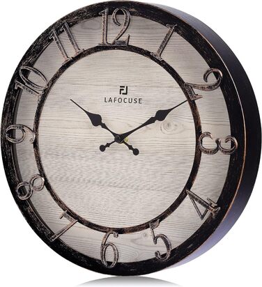 Настінний годинник Lafocuse Vintage безшумний чорний, ретро великі підняті 3D цифри, кантрі стиль безшумний пошарпаний шикарний ан