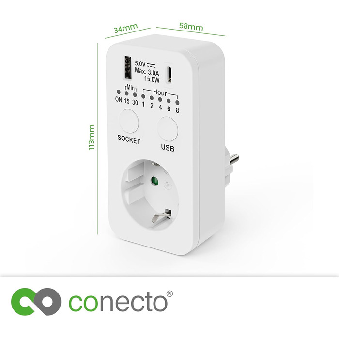 Таймер розетки conecto, розетка зворотного відліку, таймер 230 В, розетка таймера USB і USB-C, розетка програмованого таймера, 2300 Вт, білий