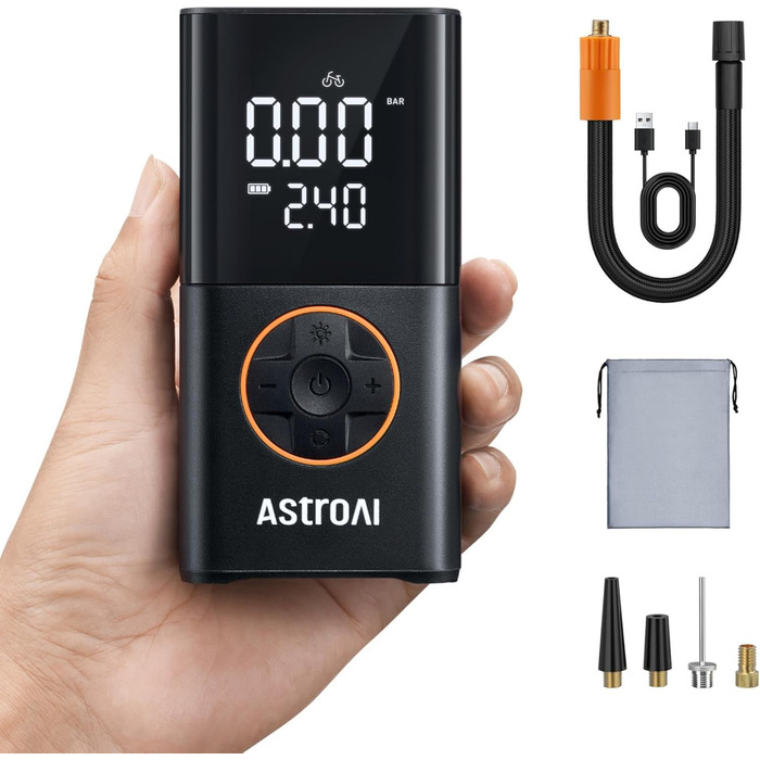 Бездротовий електричний повітряний насос AstroAI, портативний акумуляторний велосипедний насос з усіма клапанами, світлодіодне світло, акумуляторний насос для шин для велосипедів, електровелосипедів, автомобілів, мотоциклів, м&39ячів, чорний