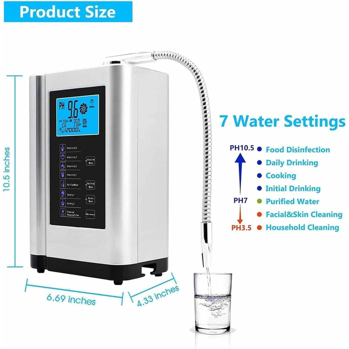 Іонізатор і очищувач води, до -500 Mv Orp, Ph 3,5-10,5, очищувач води, фільтр для лужної води з 7 налаштуваннями води, інтелектуальне голосове керування, білий