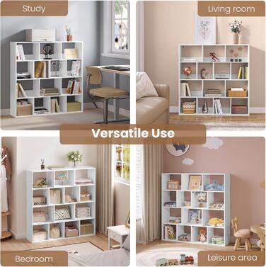 Книжкова полиця eSituro, окремостояча полиця з 14 відділеннями, кубічна полиця, полиця для зберігання, офісна полиця, відкрита полиця для вітальні, кабінету, офісу, компактна, 120x120x30 см, білий