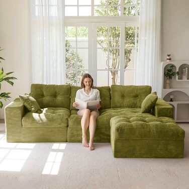 Диван MAXYOYO з функцією сну, кутовий диван L-подібної форми, вельветова тканина, 264x171 см, вельветовий диван, вітальня, розкладний диван з пуфом, універсальний, легко чиститься та підходить для домашніх тварин, не потребує складання (світло-зелений)