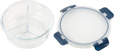 Скляний контейнер для мікрохвильової печі з 3 відділеннями, кришка на защіпках, -20 до 520 C, круглий (Скляний посуд для мікрохвильовки з кришкою, для сніданків/мюслі)