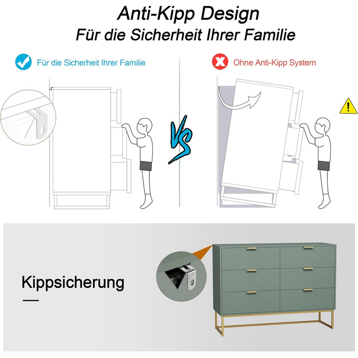 Комод UEV з 6 шухлядами, дерев&39яна шафа з механізмом проти перекидання та металевими ніжками, висока тумба/сервант, вузька комод/бічна шафа для вітальні, спальні, коридору, 100x34x73,5 см, зелений, 34 Г x 100 Ш x 73,5 В см (6 шухляд)