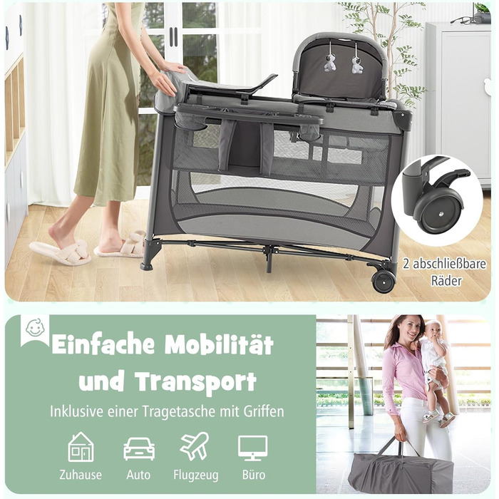 Дорожнє ліжечко 5-в-1 для немовлят з матрацом, 110 x 78 см, Ліжечко Side-by-Side з колискою та пеленальний килимок, Повний комплект дитячого ліжка для новонароджених та дітей до 36 місяців (сірий)