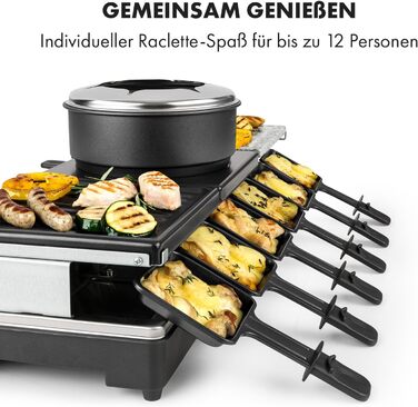 Гриль і фондю для раклету 3-в-1, 1650 Вт металевий/натуральний камінь/млинець, 3 окремі нагрівальні елементи з нержавіючої сталі, до 12 осіб, антипригарне покриття, чорний