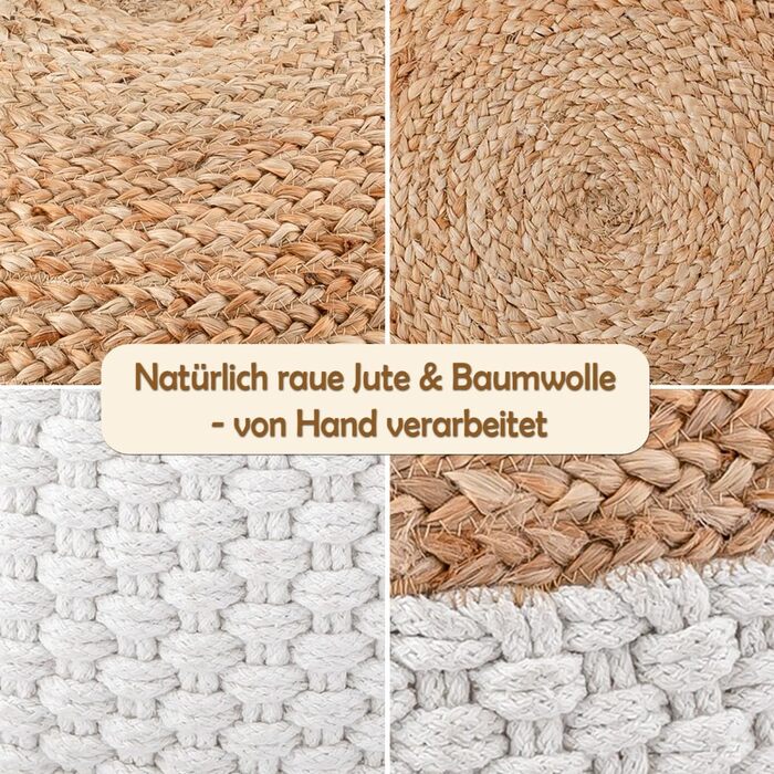 Пуф з натурального/білого джуту, круглий, 50 x В 35 см, декоративний табурет, подушка на підлогу, пуф для ніг, білий/натуральний джут