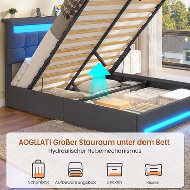 М&39яке ліжко AOGLLATI 140 x 200 зі світлодіодним освітленням та зарядною станцією, каркас ліжка з регульованим по висоті узголів&39ям та місцем для зберігання, гідравлічне ліжко 140 x 200 см, рейкова основа, льон, без матраца, темно-сірий 140 x 200 см те