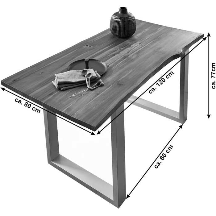 Обідній стіл SAM Esra, 120 x 80 см, масив акації, коньячного кольору, стіл з натуральним краєм та чорним металевим каркасом, обідній стіл зі стільницею з натуральним краєм 26 мм, справжній натуральний край, 120 x 80 см, коньячний/чорний