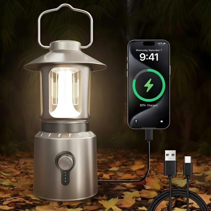 Світлодіодний кемпінговий ліхтар, що перезаряджається через USB, з ємністю 8000 мАг, кемпінгові ліхтарі в ретро-стилі, освітлення 360 та регулювання яскравості, 3 режими світла (2000 K6500 K) та телескопічна функція, кемпінговий ліхтар для використання на