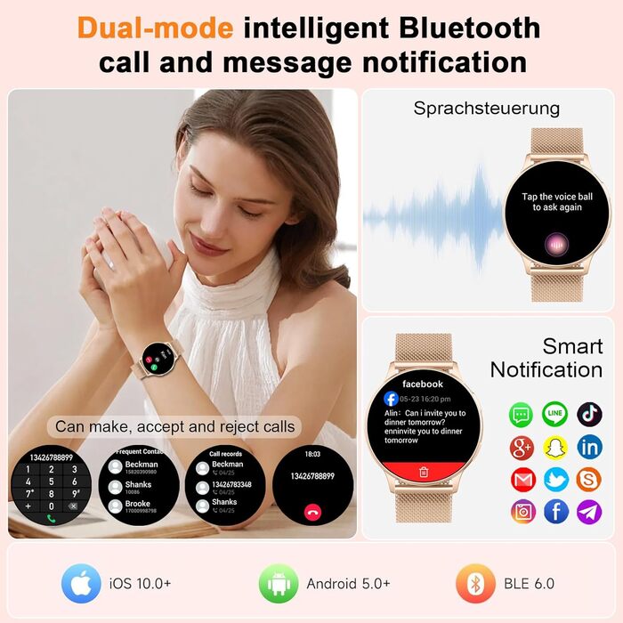 Жіночий смарт-годинник із функцією телефону, 1,32-дюймовий AMOLED смарт-годинник, монітор серцевого ритму, SpO2, крокомір для сну, фітнес-трекер із 120 спортивними режимами, водонепроникний фітнес-годинник IP68 для iOS та Android, золотистий колір M