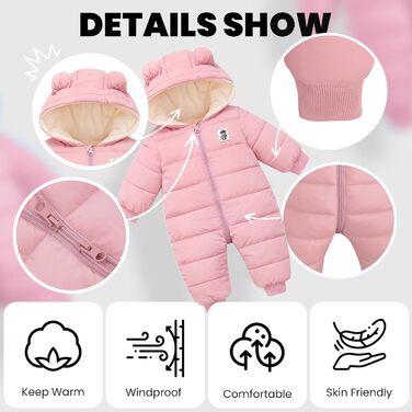Дитячий зимовий комбінезон з капюшоном, зимовий комбінезон для хлопчиків та дівчаток, комбінезон з довгими рукавами, теплий одяг, подарунок, 9-12 місяців (), рожевий