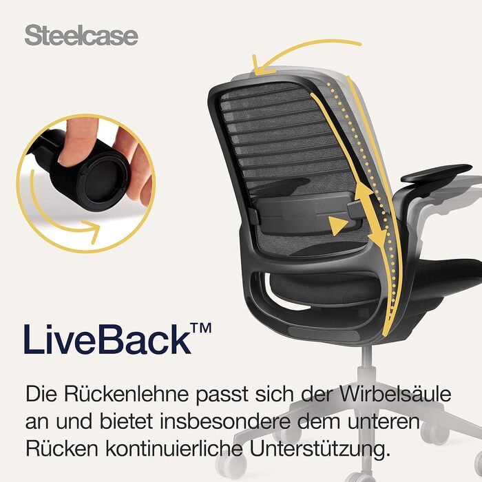 Ергономічне офісне крісло Steelcase серії 1 з поперековою опорою LiveBack та підлокітниками 4D, колір Onyx Black, колір Onyx Black без підголівника